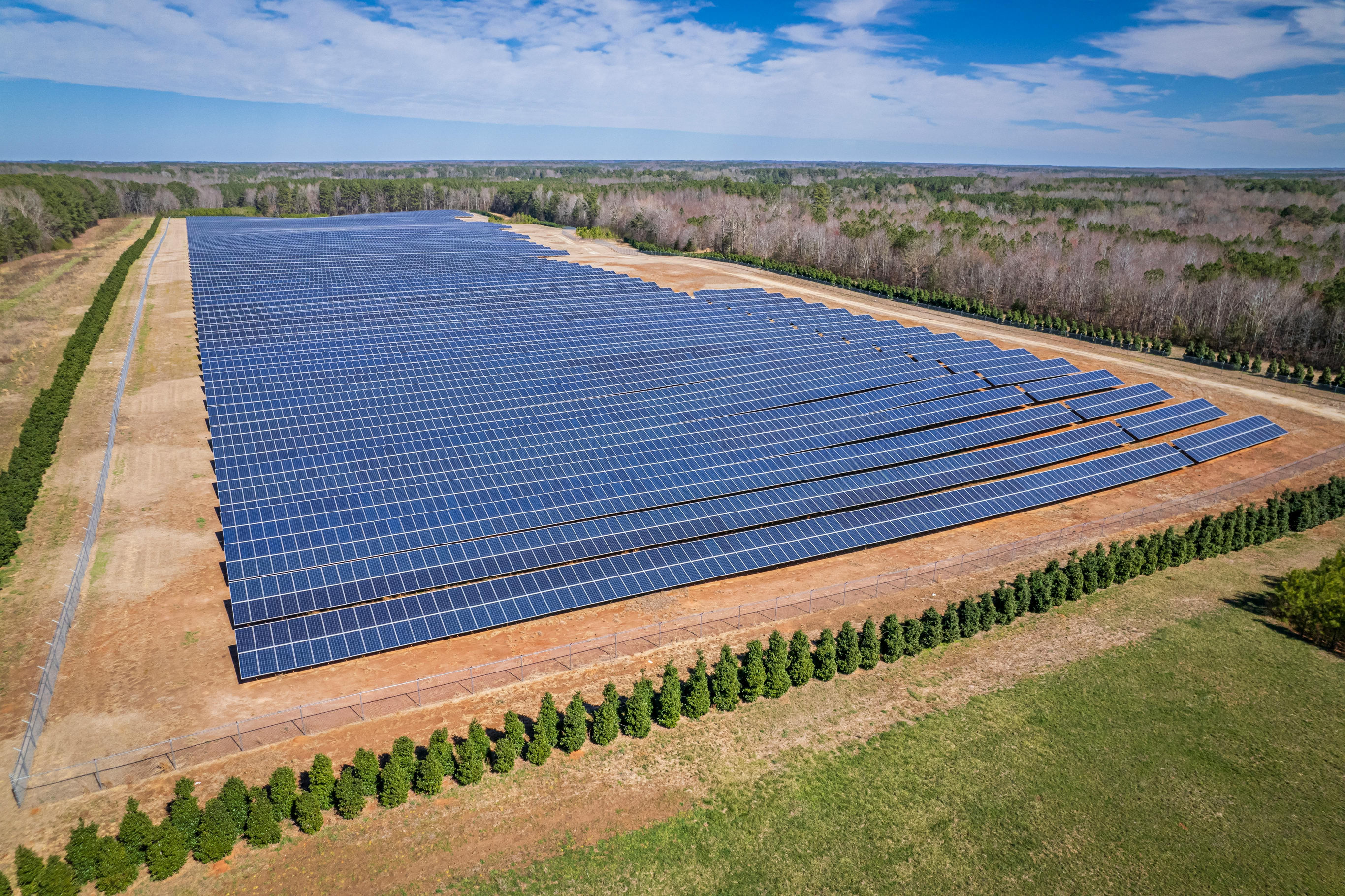 Aerial photograph of a utility-scale solar facility